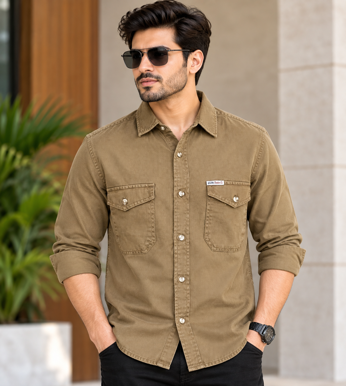 Men’s Dark Khaki Double Pocket Full Sleeve Shirt
