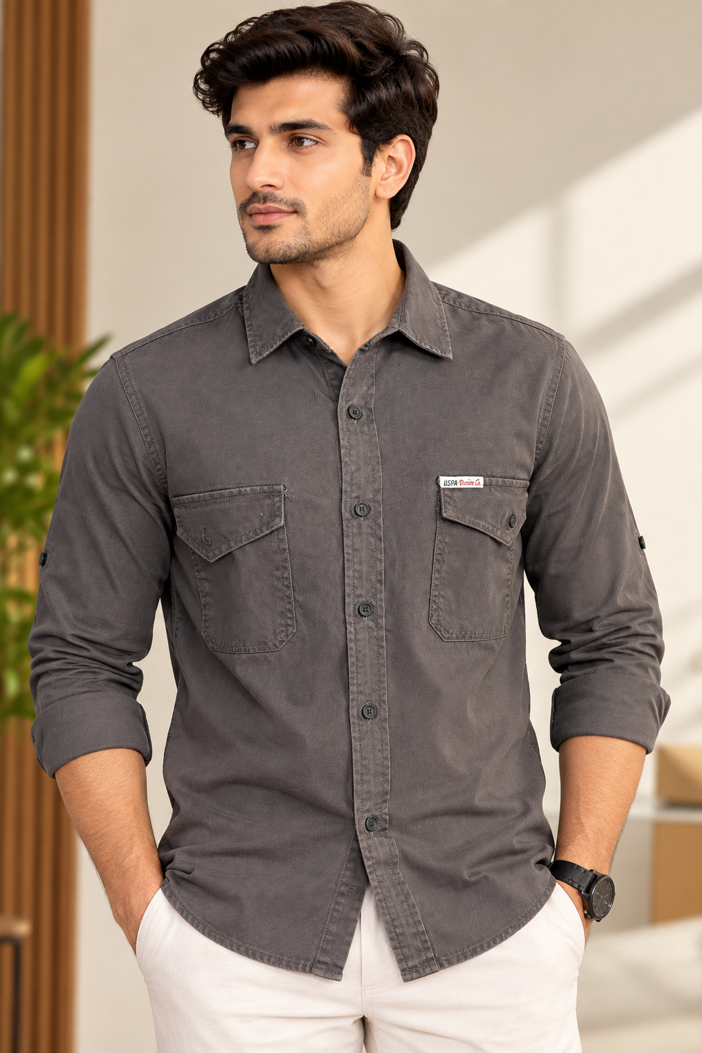 Men’s Charcoal Grey Double Pocket Full Sleeve Shirt