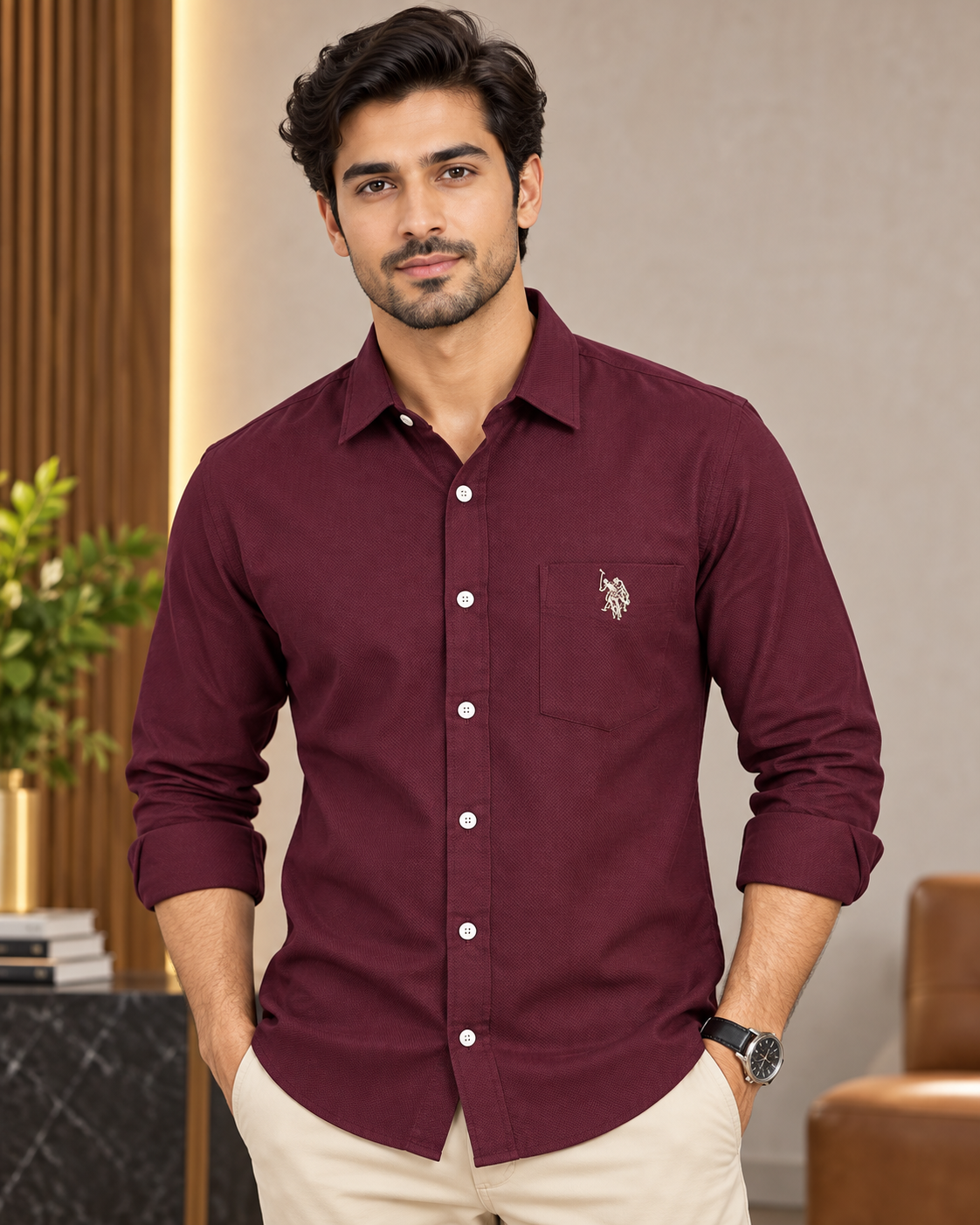 Men’s Maroon Solid Full Sleeve Shirt