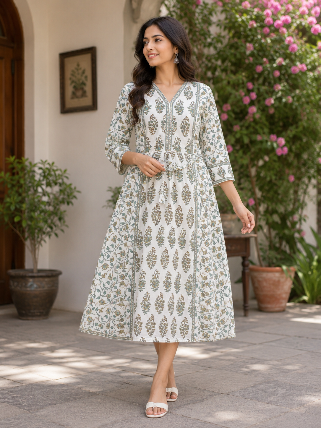 Elegant Green and White Floral Printed Cotton 3-Piece Kurti Set