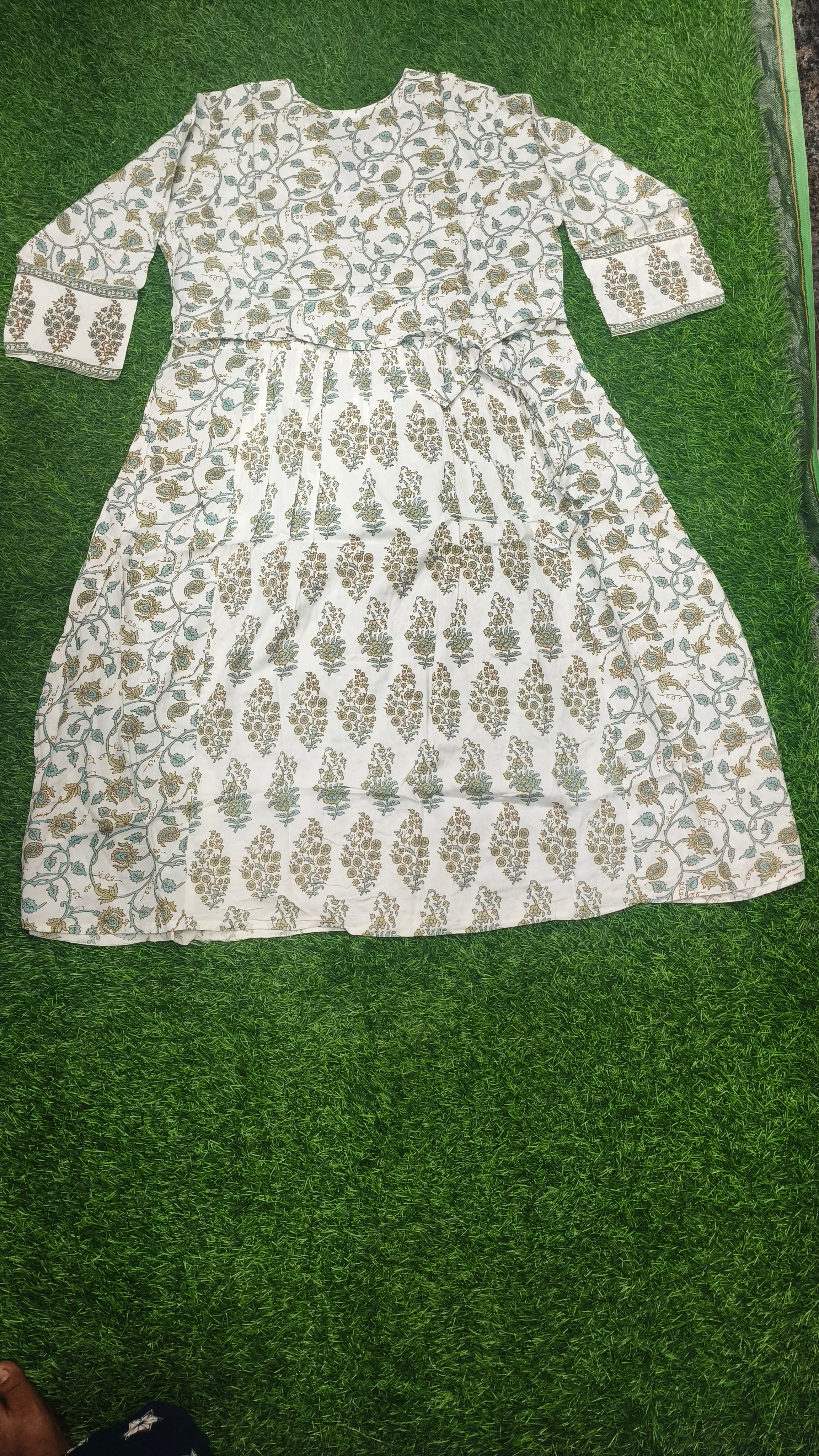 Elegant White and Green Block-Print Style Flared cotton Single Piece Top