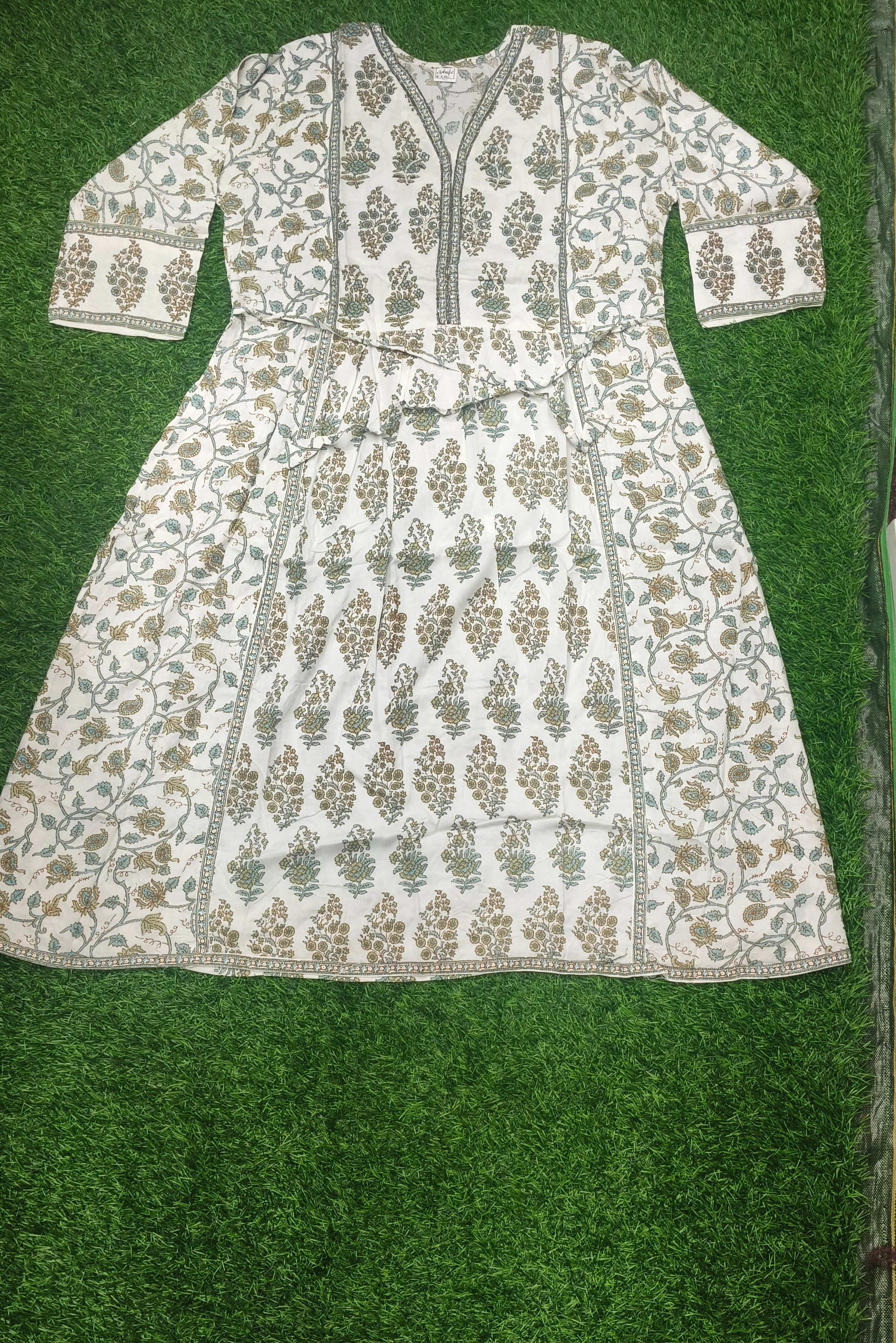 Elegant White and Green Block-Print Style Flared cotton Single Piece Top
