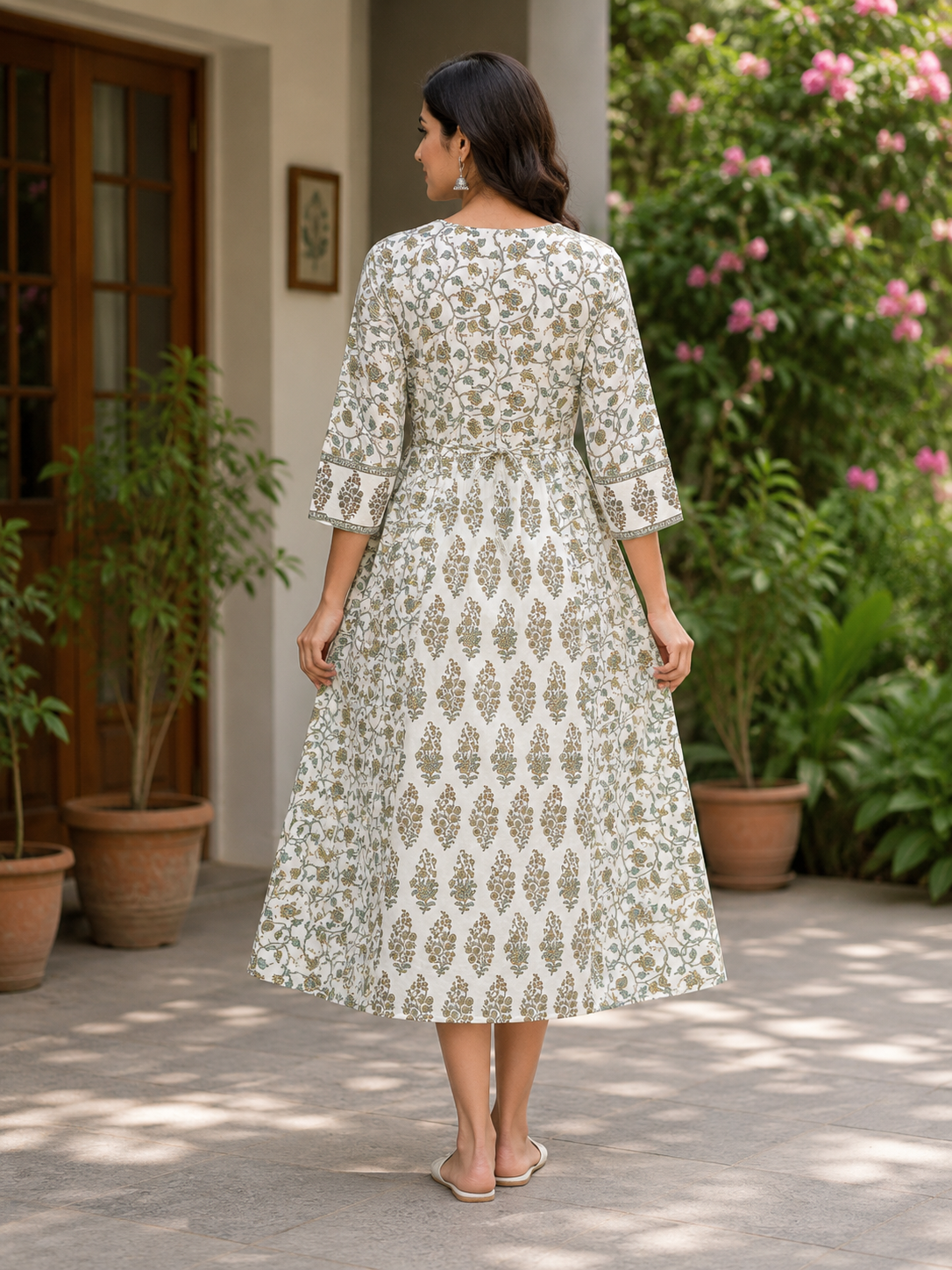 Elegant Green and White Floral Printed Cotton 3-Piece Kurti Set