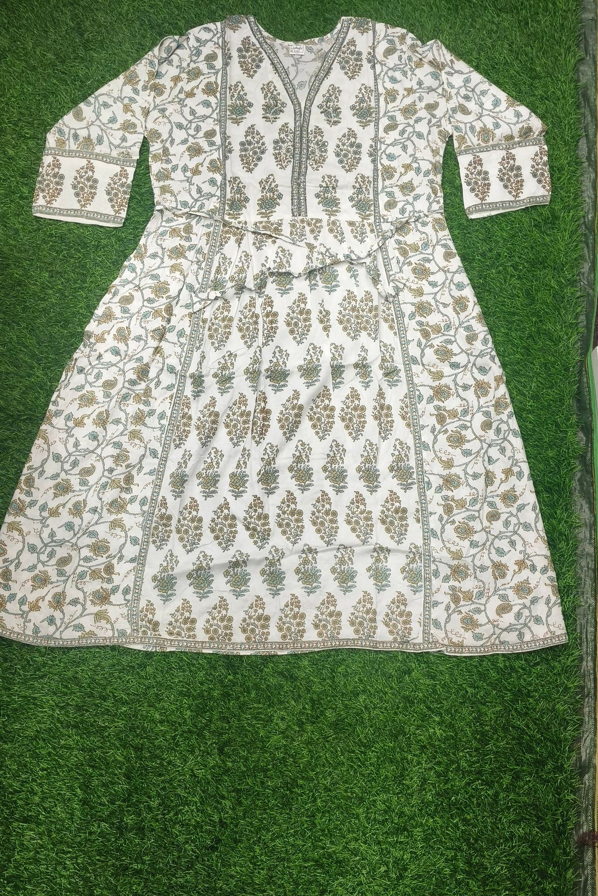 Elegant White and Green Block-Print Style Flared cotton Single Piece Top