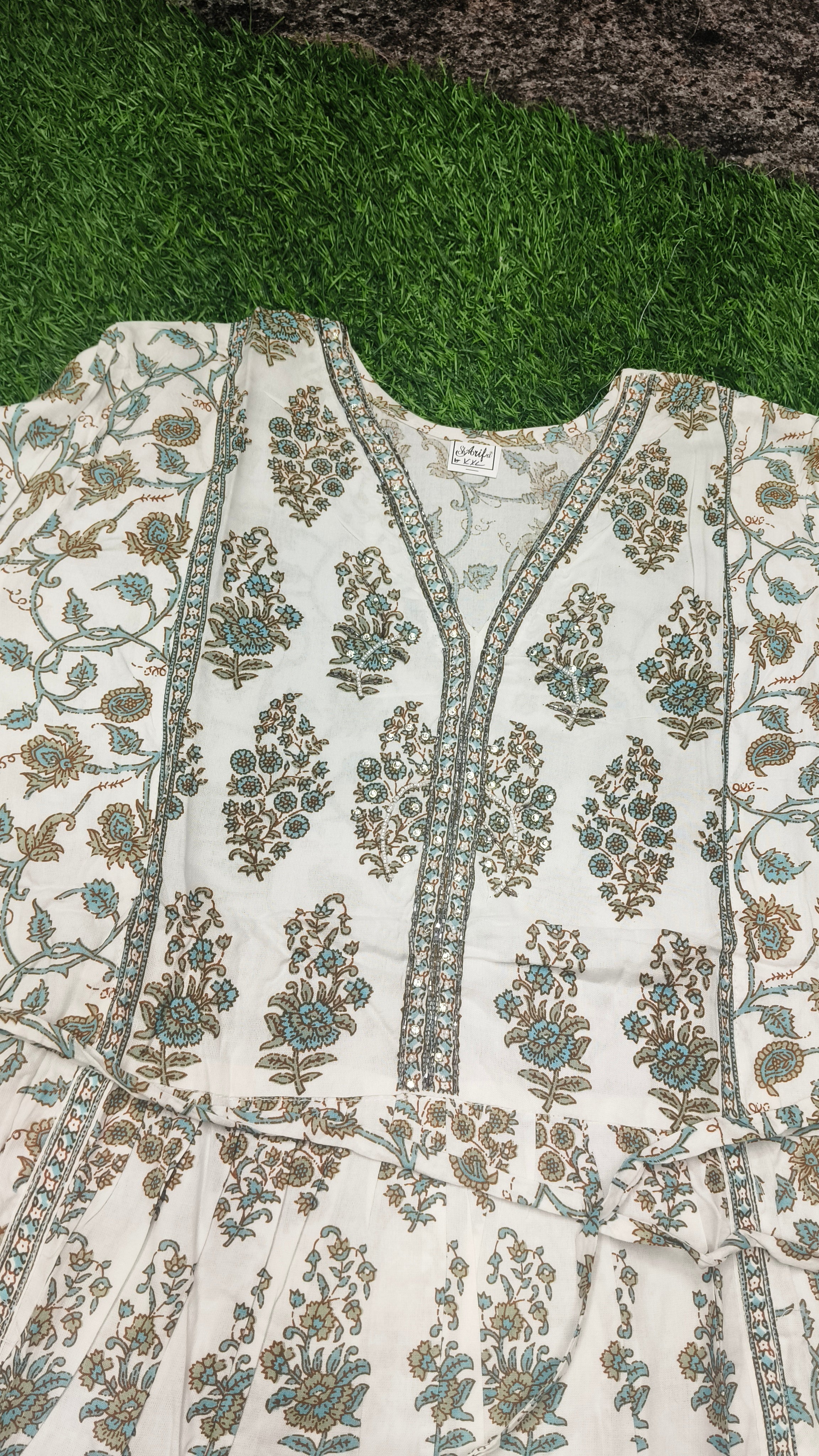 Elegant White and Green Block-Print Style Flared cotton Single Piece Top