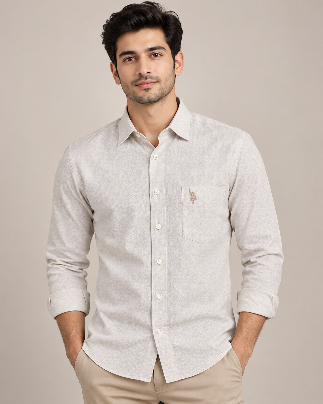 Men’s Light Beige Textured Full Sleeve Shirt
