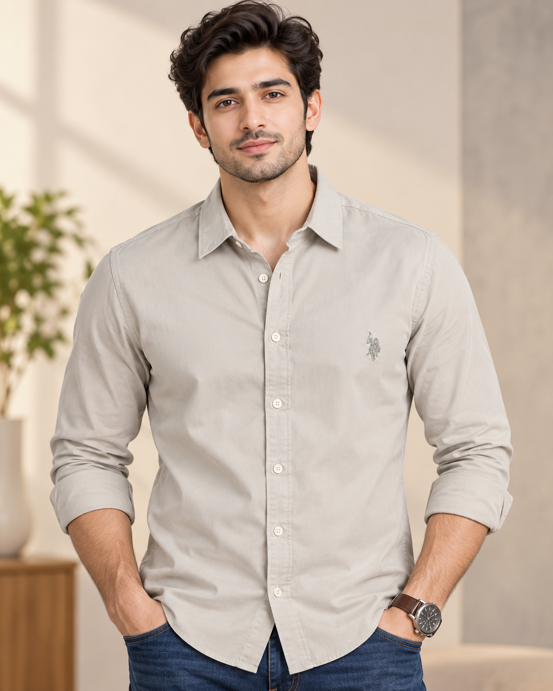 Men’s Light Khaki Solid Full Sleeve Shirt