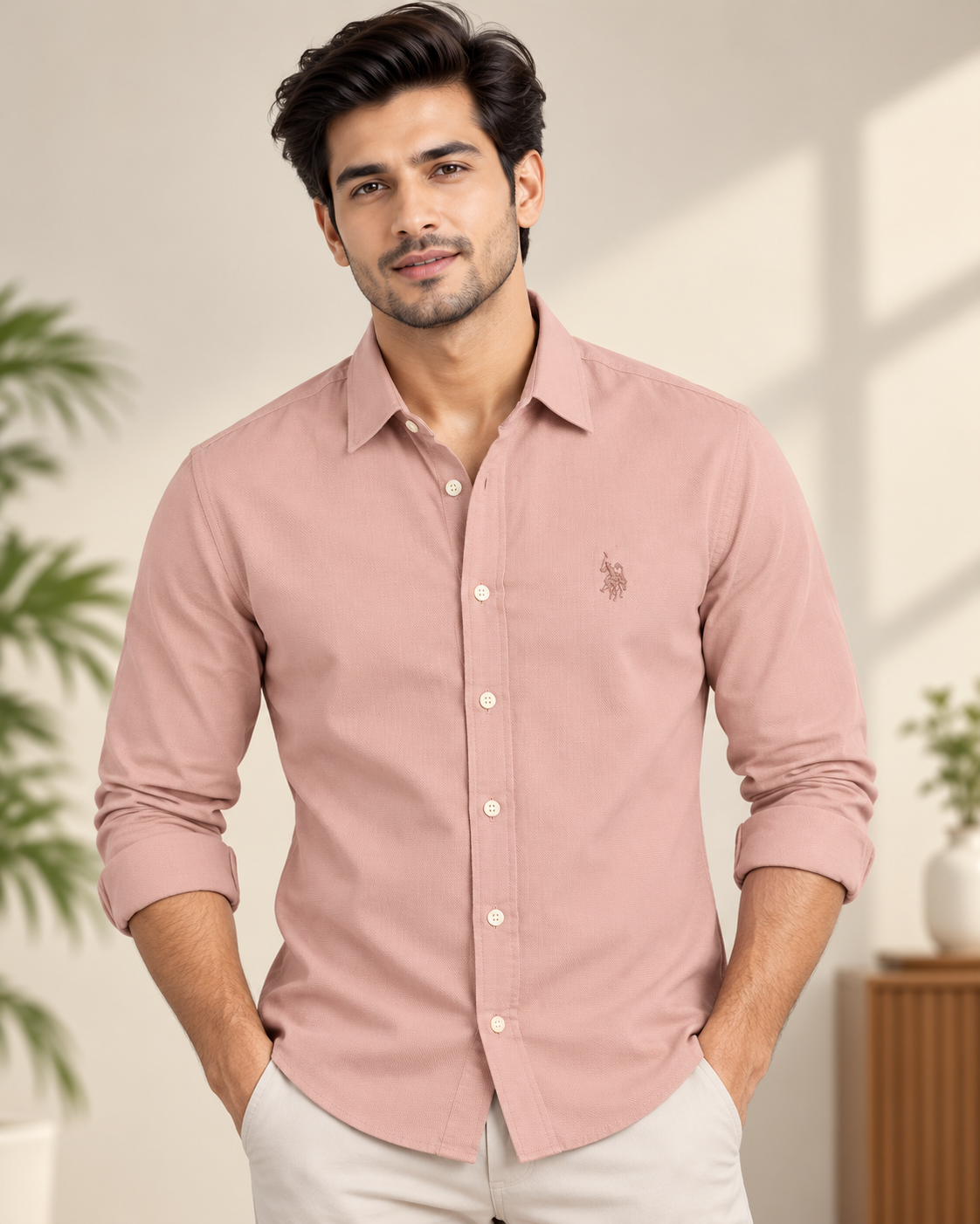 Men’s Dusty Pink Textured Full Sleeve Shirt