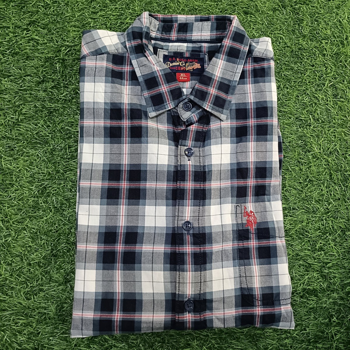 Men’s Navy Blue, Grey & White Checked Full Sleeve Shirt