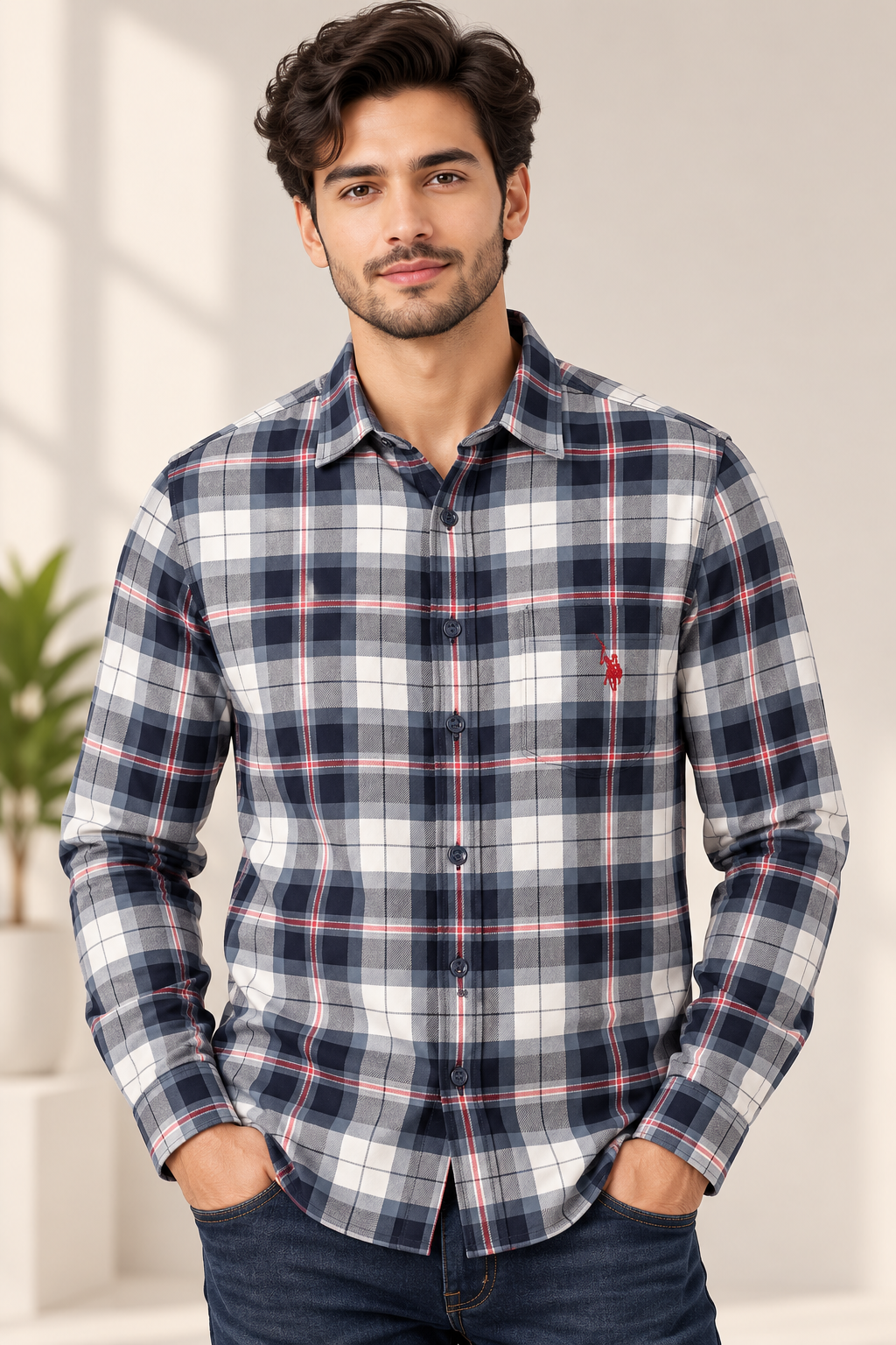 Men’s Navy Blue, Grey & White Checked Full Sleeve Shirt