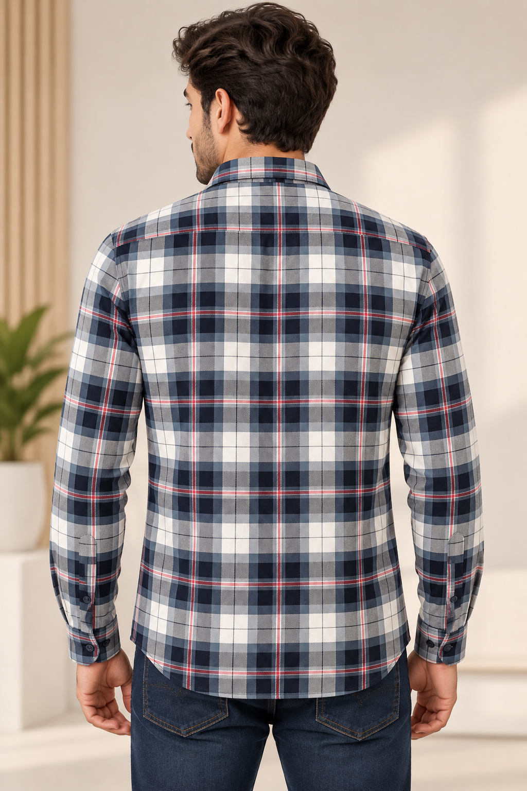 Men’s Navy Blue, Grey & White Checked Full Sleeve Shirt