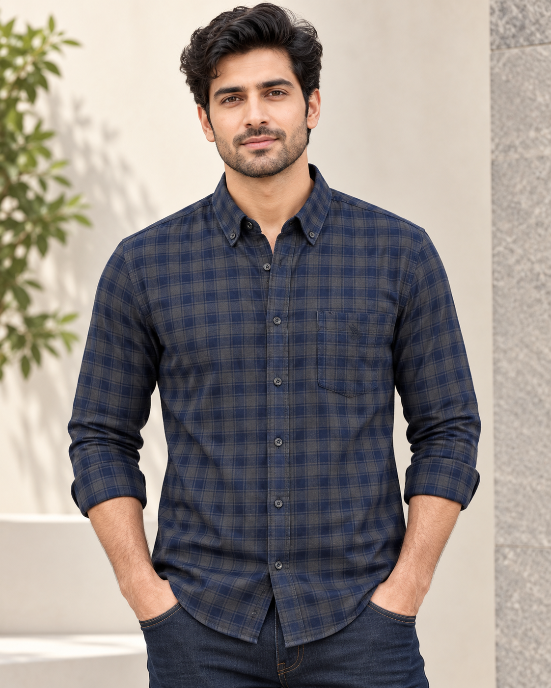 Men’s Navy Blue & Dark Grey Checked Full Sleeve Shirt