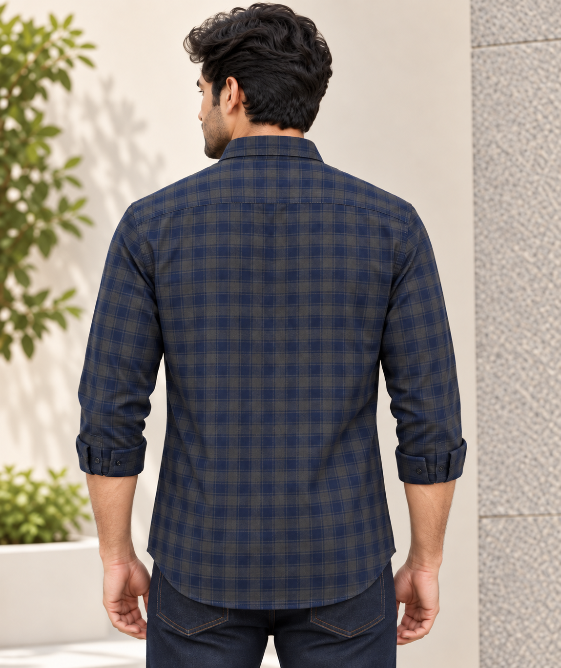 Men’s Navy Blue & Dark Grey Checked Full Sleeve Shirt