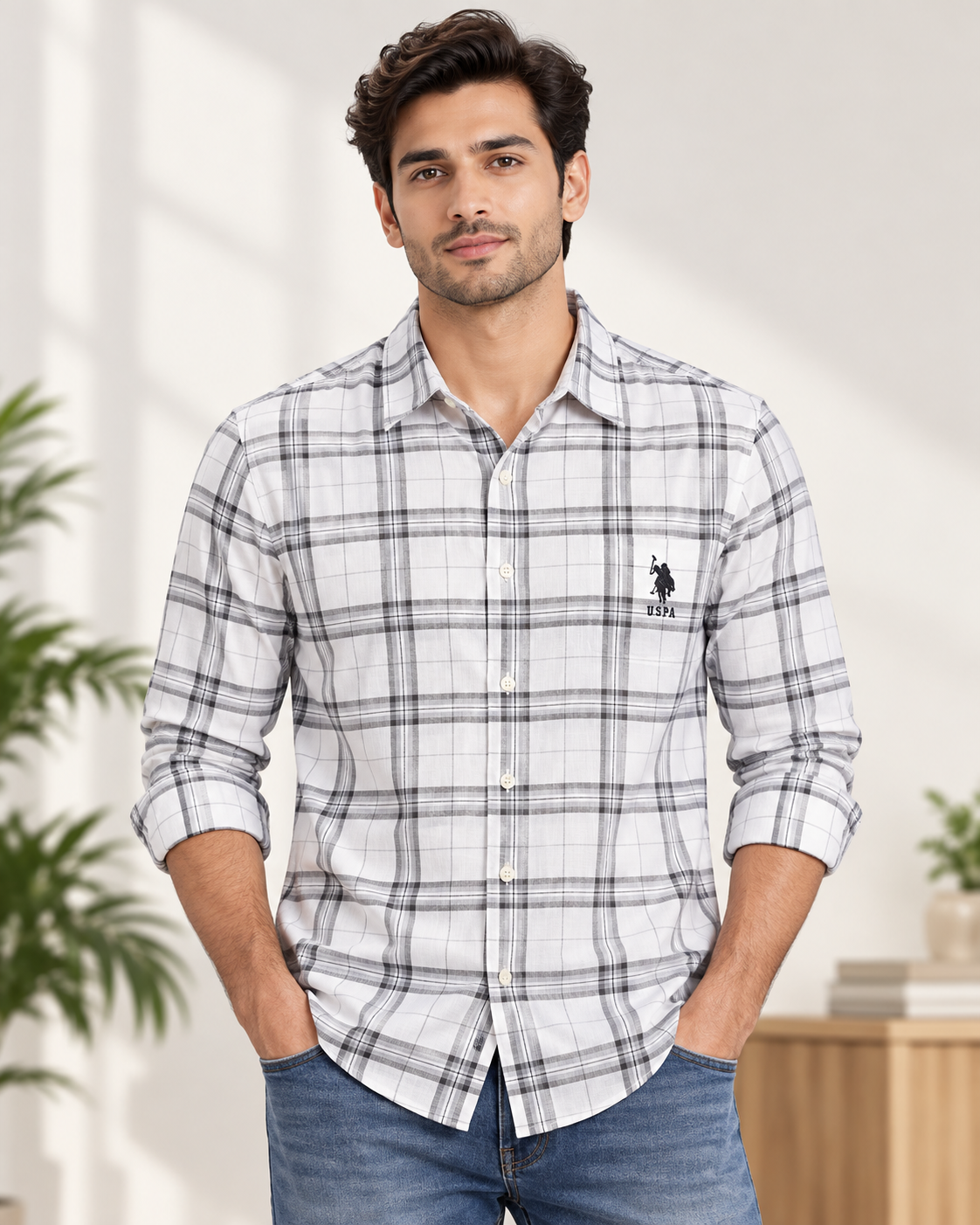 Men’s White & Grey Checked Full Sleeve Shirt