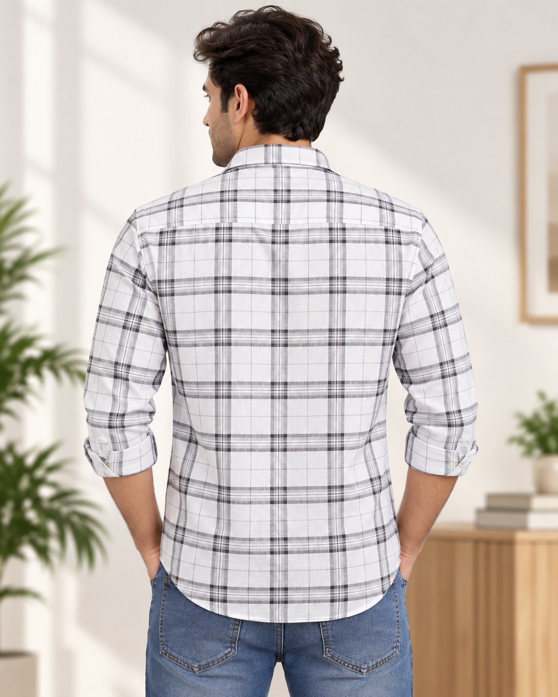 Men’s White & Grey Checked Full Sleeve Shirt