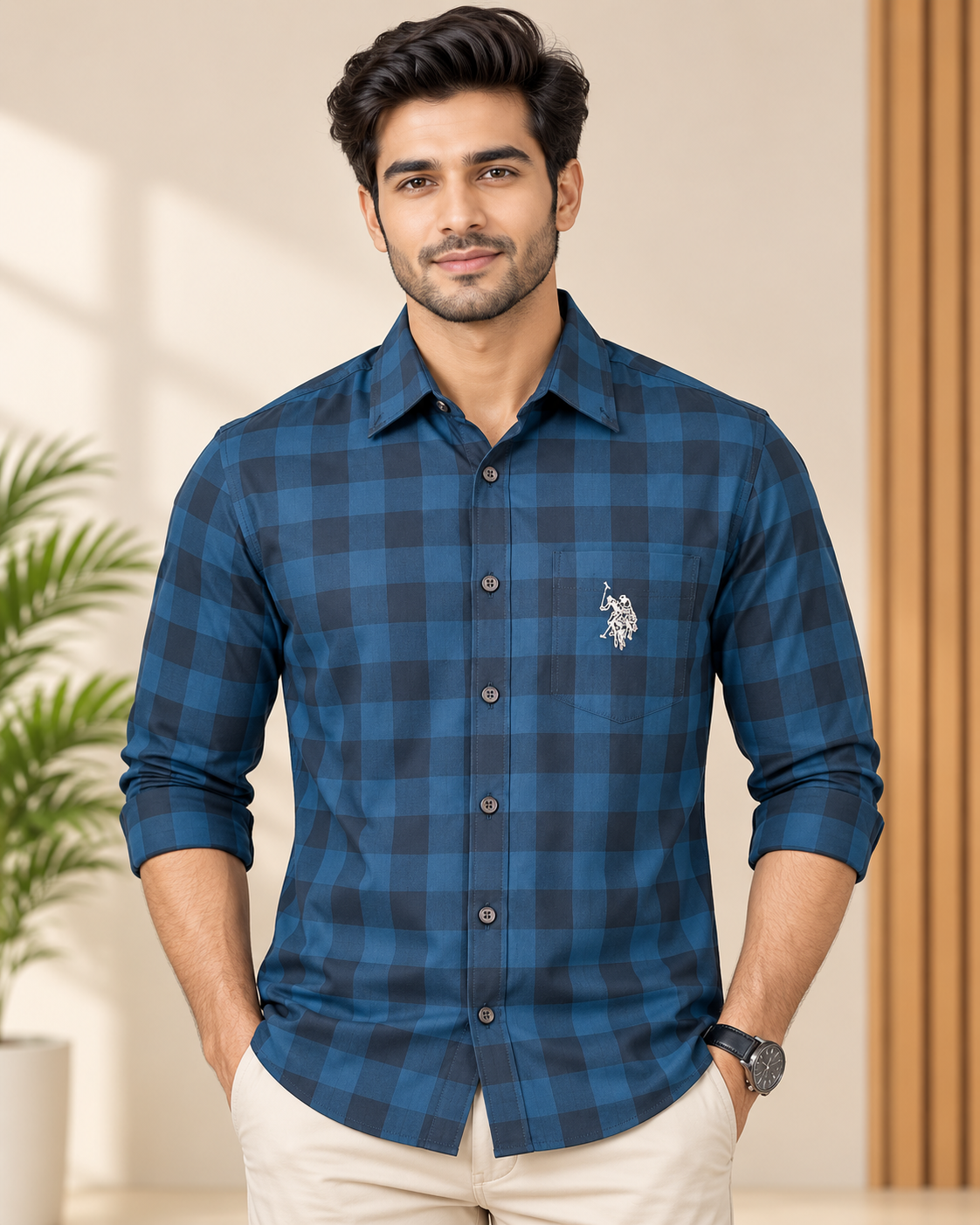 Men’s Navy Blue & Black Checked Collared Shirt
