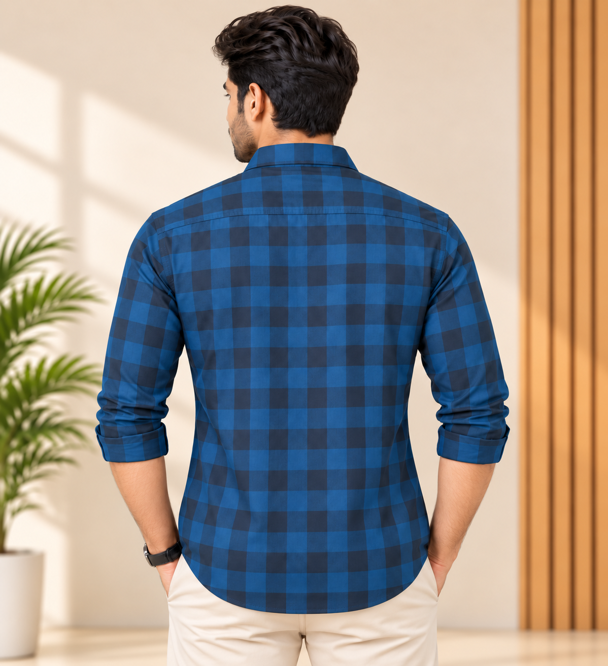 Men’s Navy Blue & Black Checked Collared Shirt