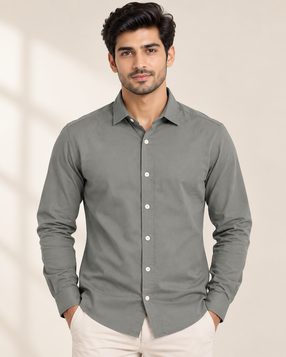 Men’s Light Olive Green Solid Collared Shirt
