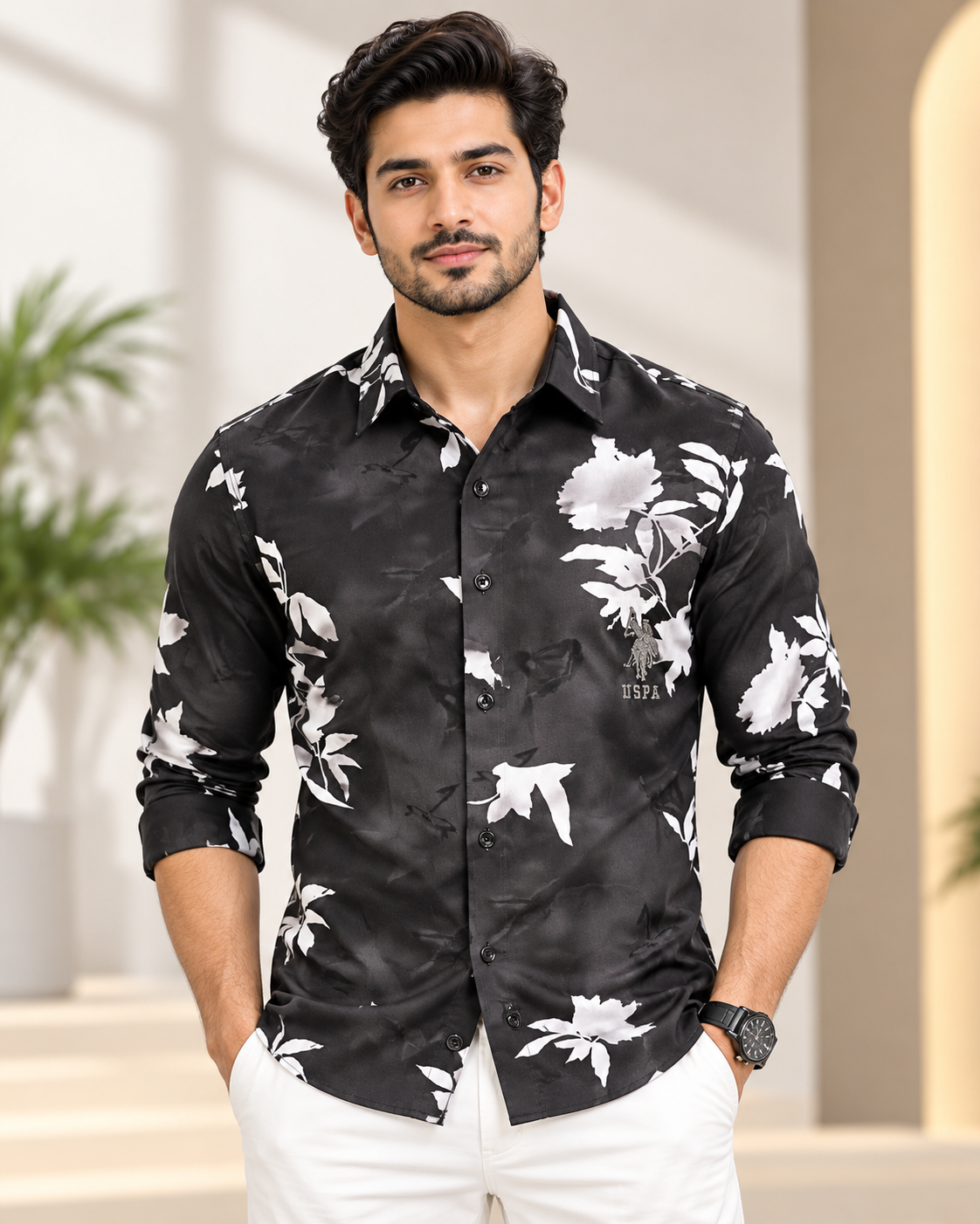 Men’s Black & Grey Floral Print Collared Shirt
