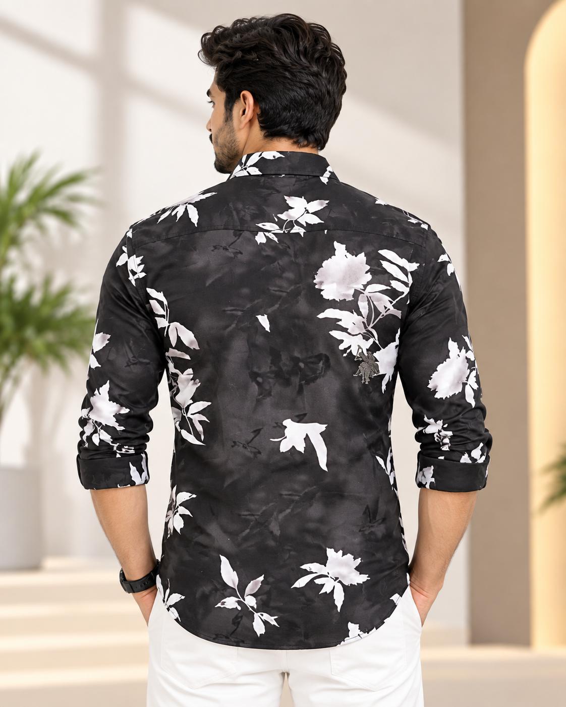 Men’s Black & Grey Floral Print Collared Shirt
