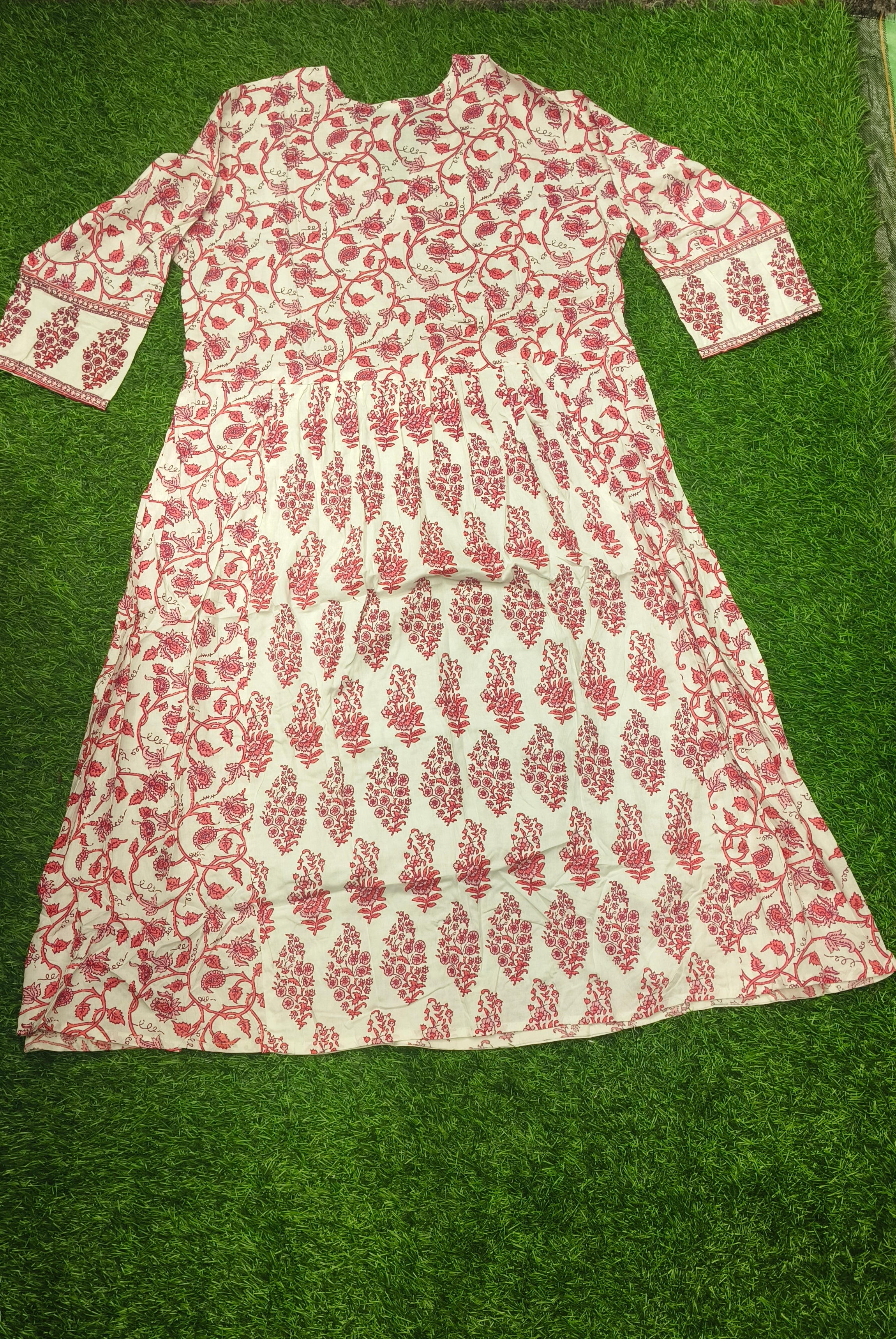 Elegant White and wine red Block-Print Style Flared cotton Single Piece Top