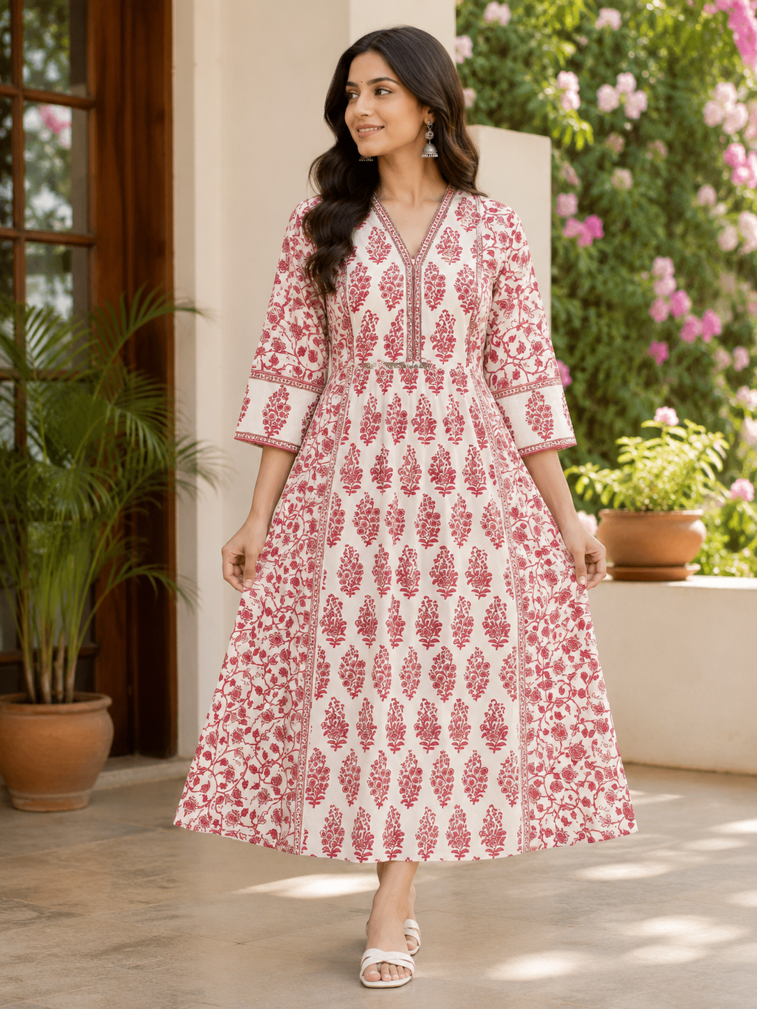 Elegant White and wine red Block-Print Style Flared cotton Single Piece Top