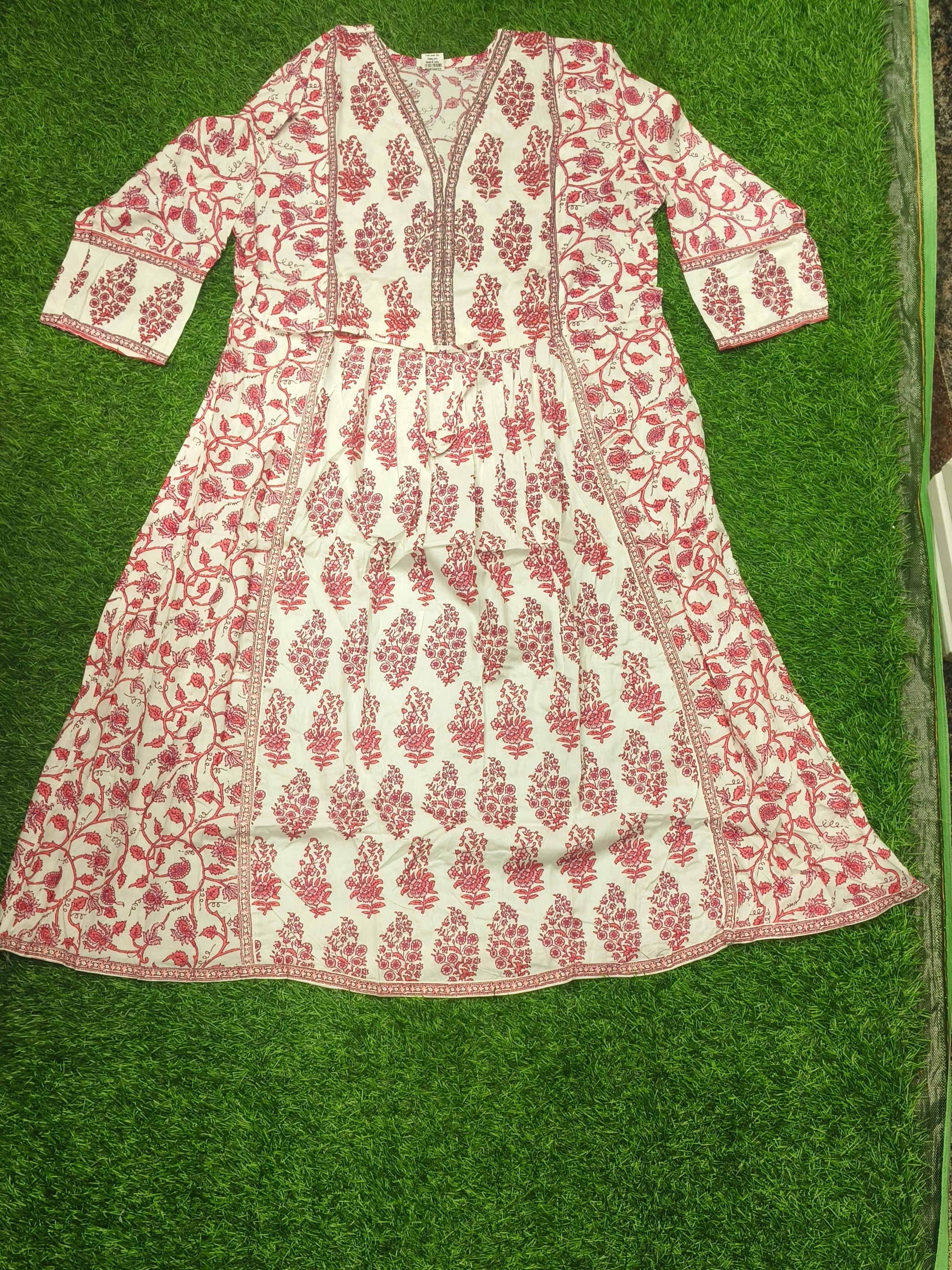 Elegant White and wine red Block-Print Style Flared cotton Single Piece Top