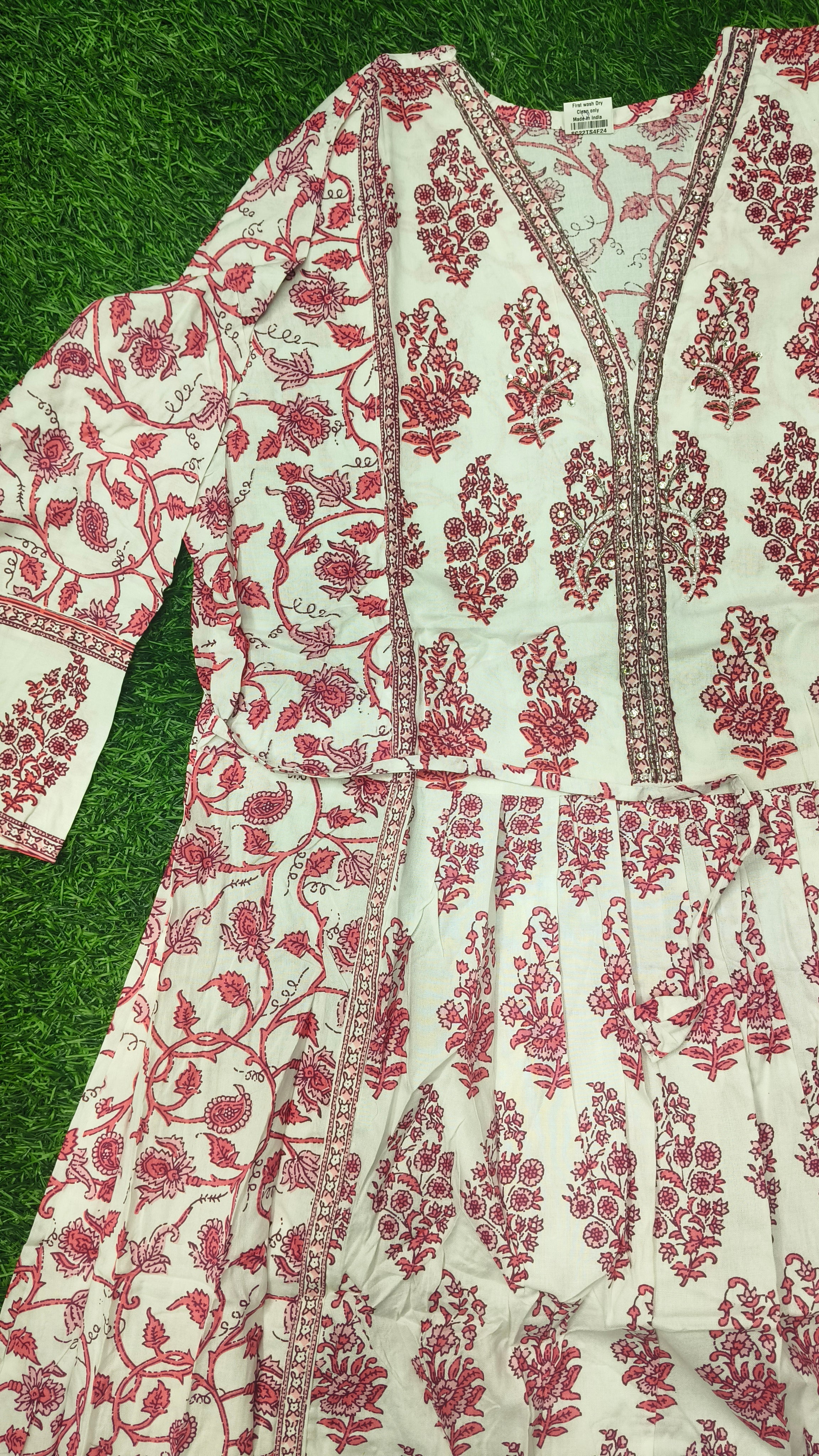 Elegant White and wine red Block-Print Style Flared cotton Single Piece Top