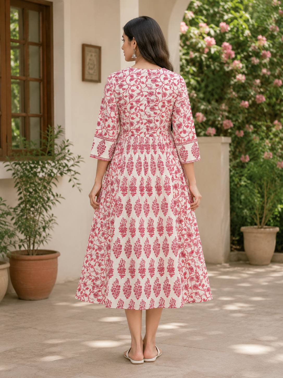 Elegant White and wine red Block-Print Style Flared cotton Single Piece Top