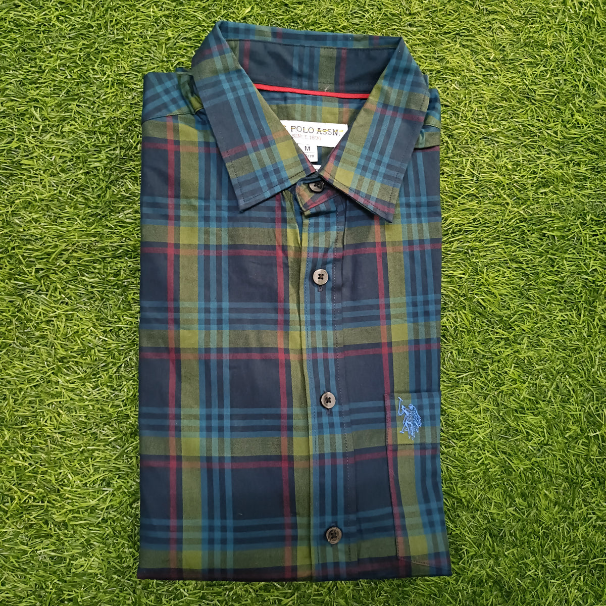Men’s Navy Blue & Olive Green Checkered Collared Shirt