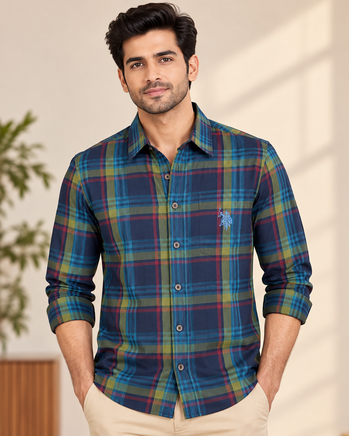 Men’s Navy Blue & Olive Green Checkered Collared Shirt