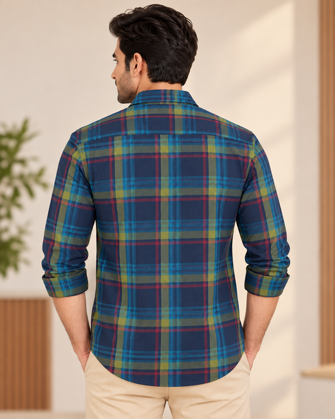 Men’s Navy Blue & Olive Green Checkered Collared Shirt
