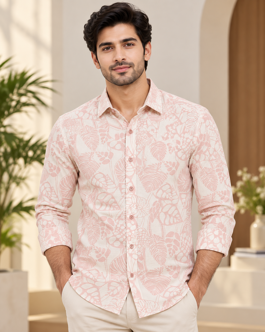 Men’s Light Peach Leaf Print Full Sleeve Shirt