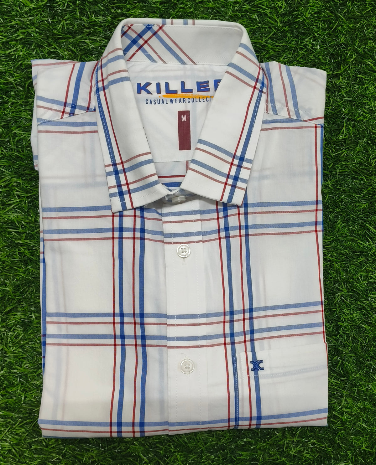 Men’s White Blue & Red Check Full Sleeve Shirt