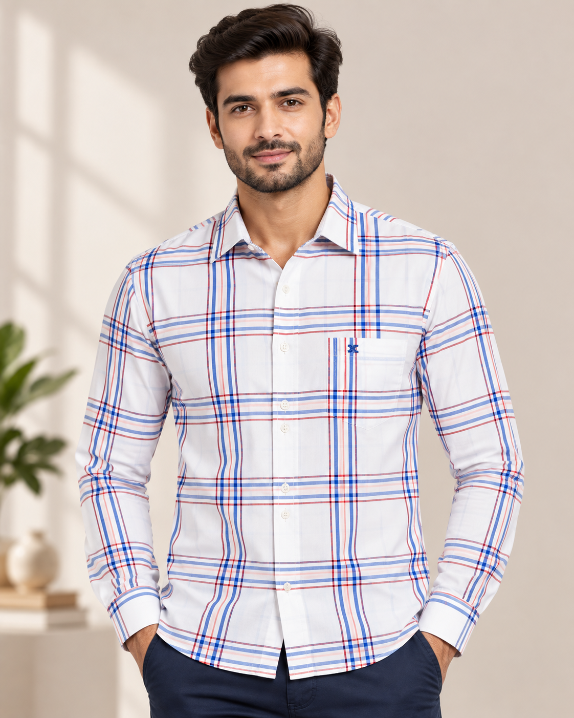 Men’s White Blue & Red Check Full Sleeve Shirt