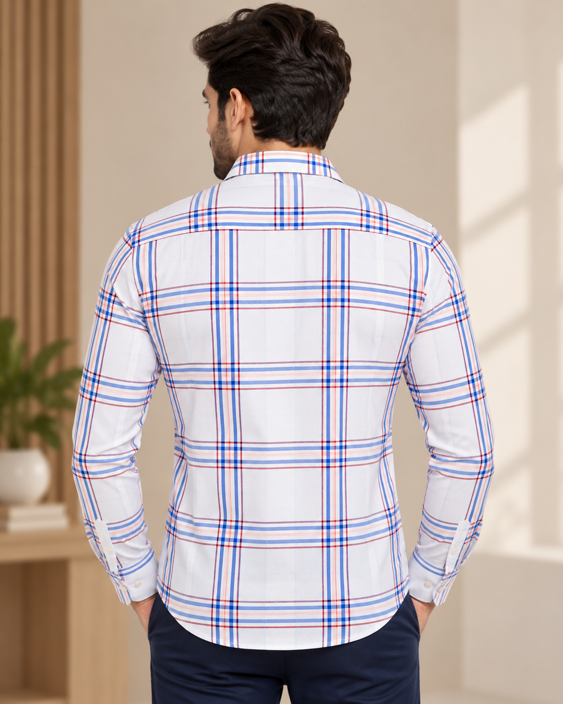 Men’s White Blue & Red Check Full Sleeve Shirt