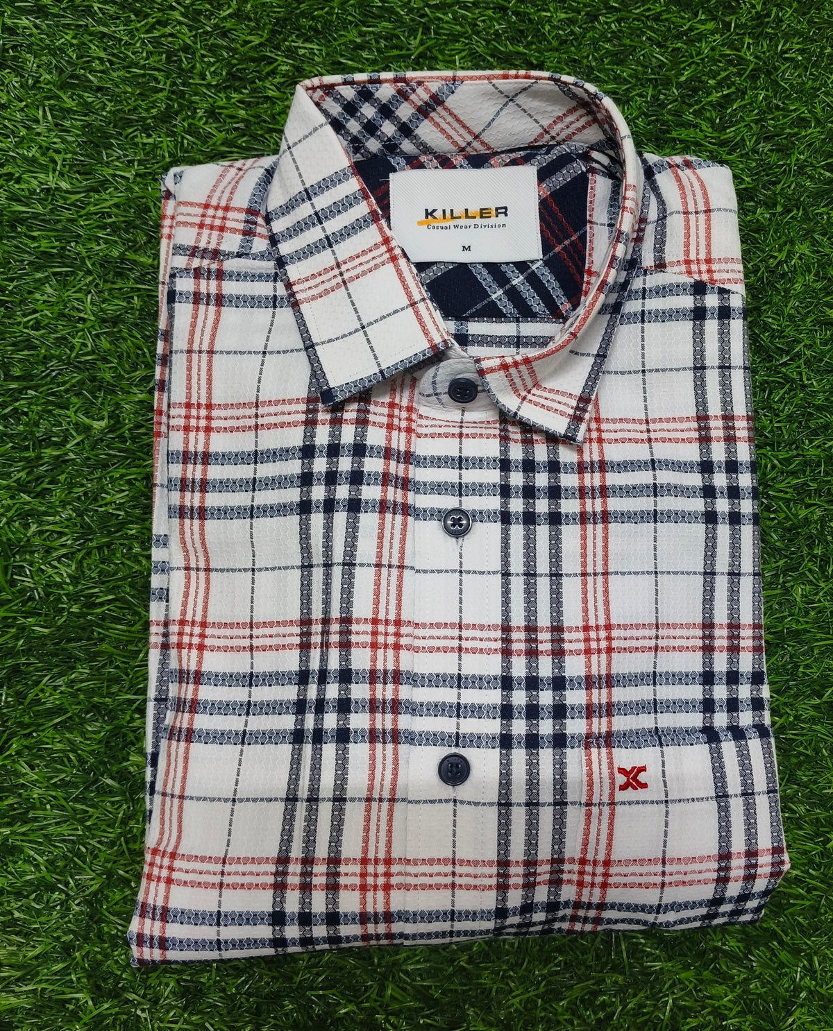 Men’s White Navy & Red Check Full Sleeve Shirt