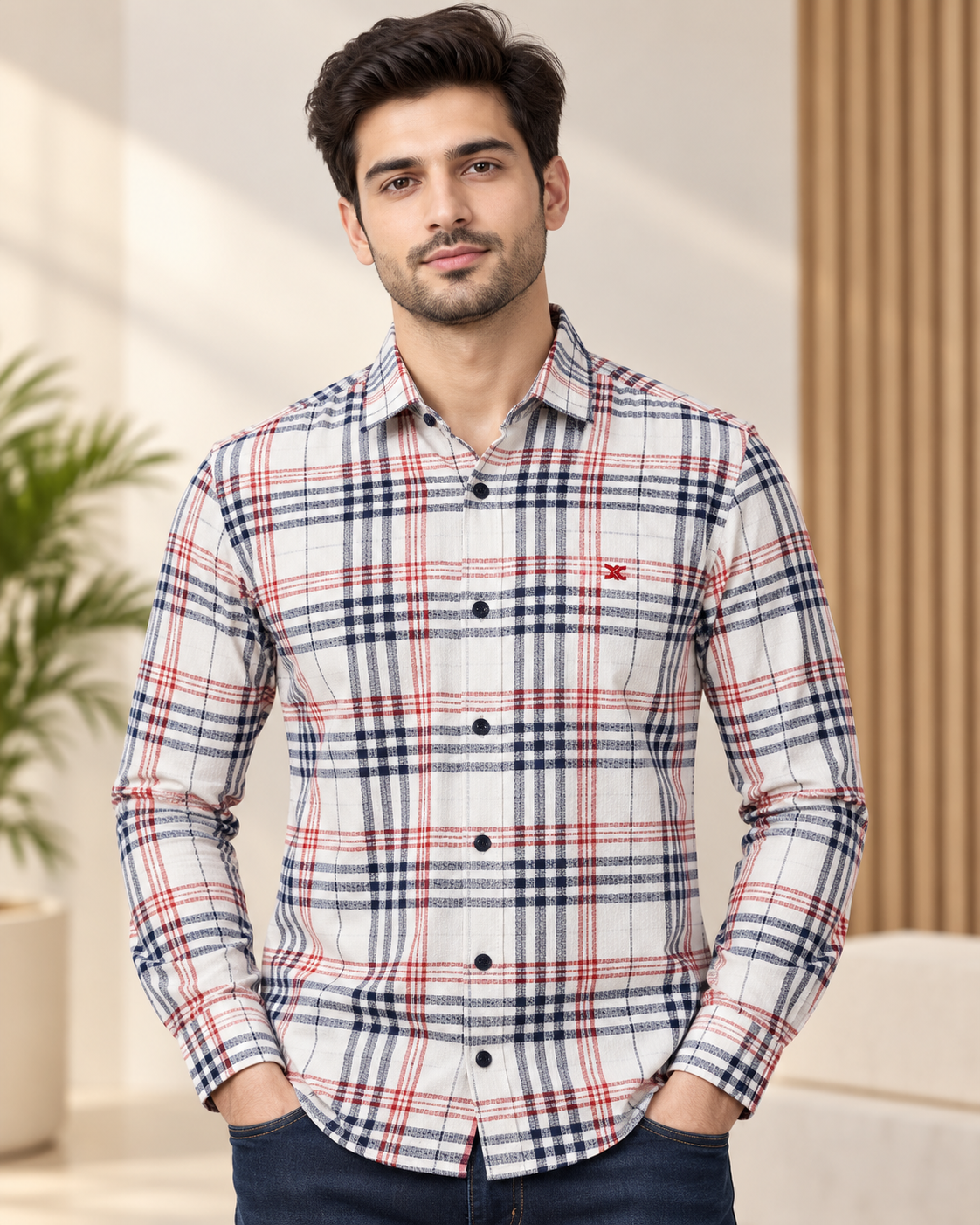 Men’s White Navy & Red Check Full Sleeve Shirt