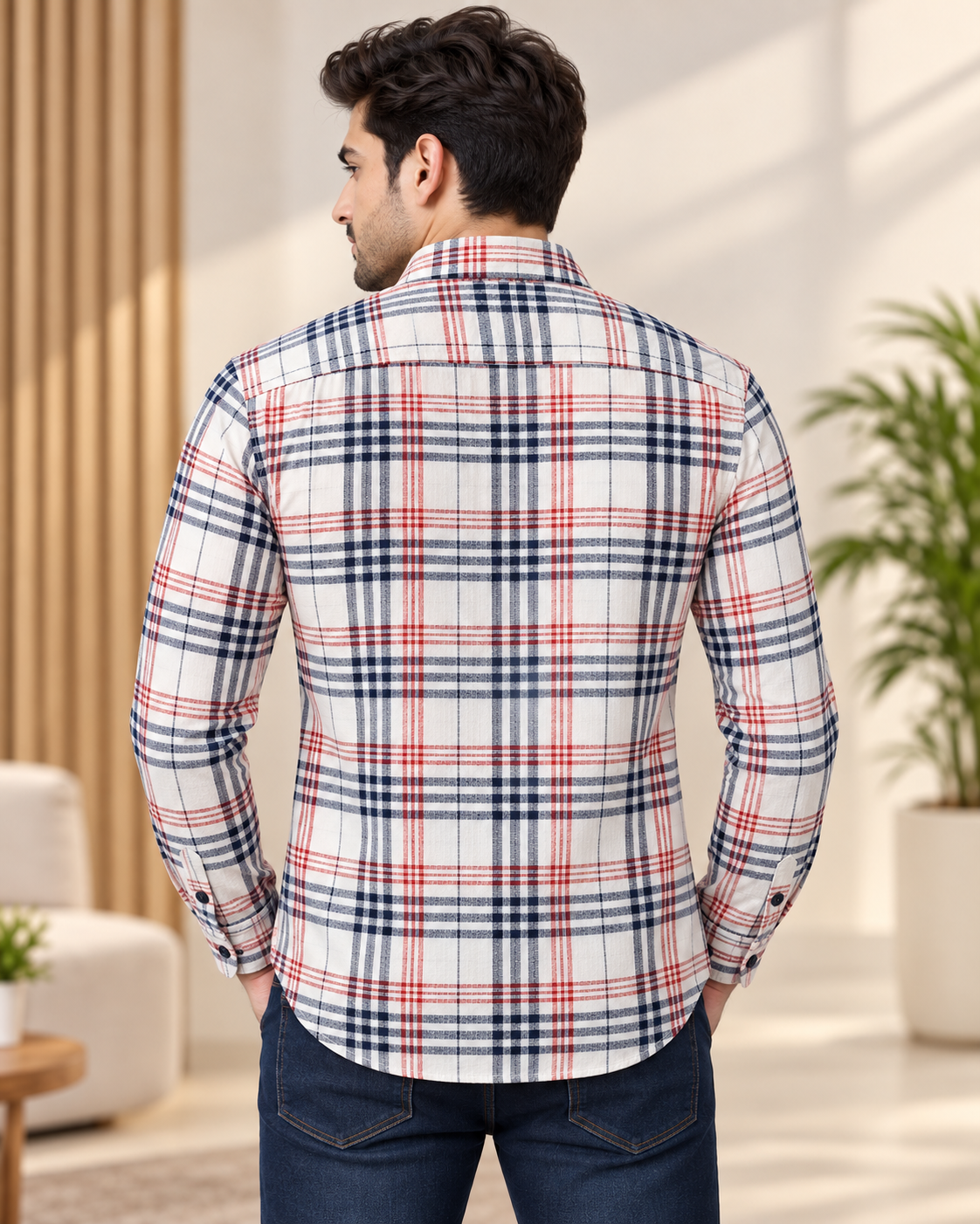 Men’s White Navy & Red Check Full Sleeve Shirt