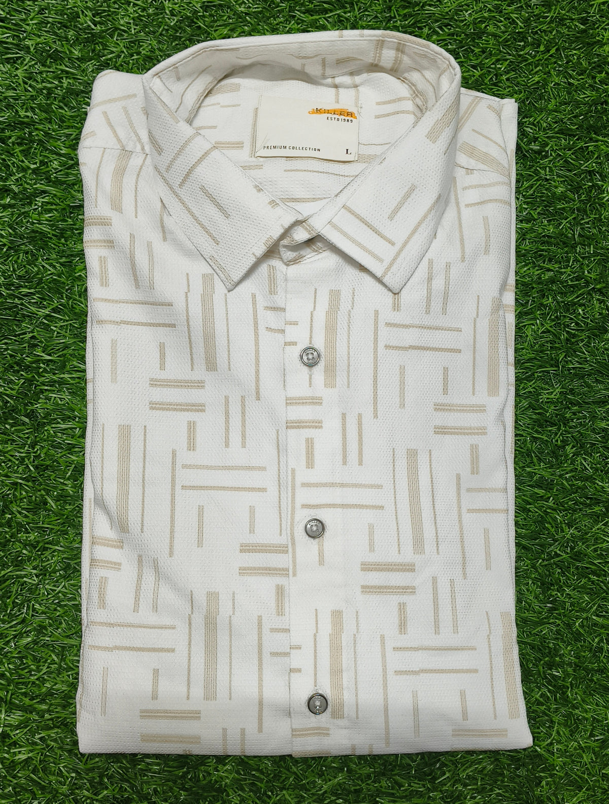 Men’s Off-White Beige Abstract Print Full Sleeve Shirt