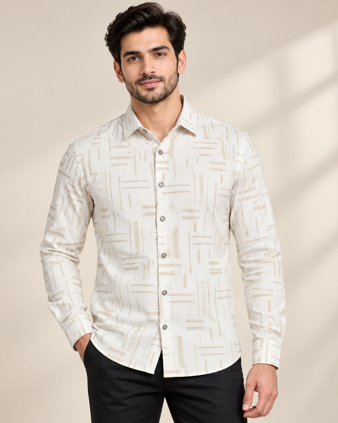 Men’s Off-White Beige Abstract Print Full Sleeve Shirt