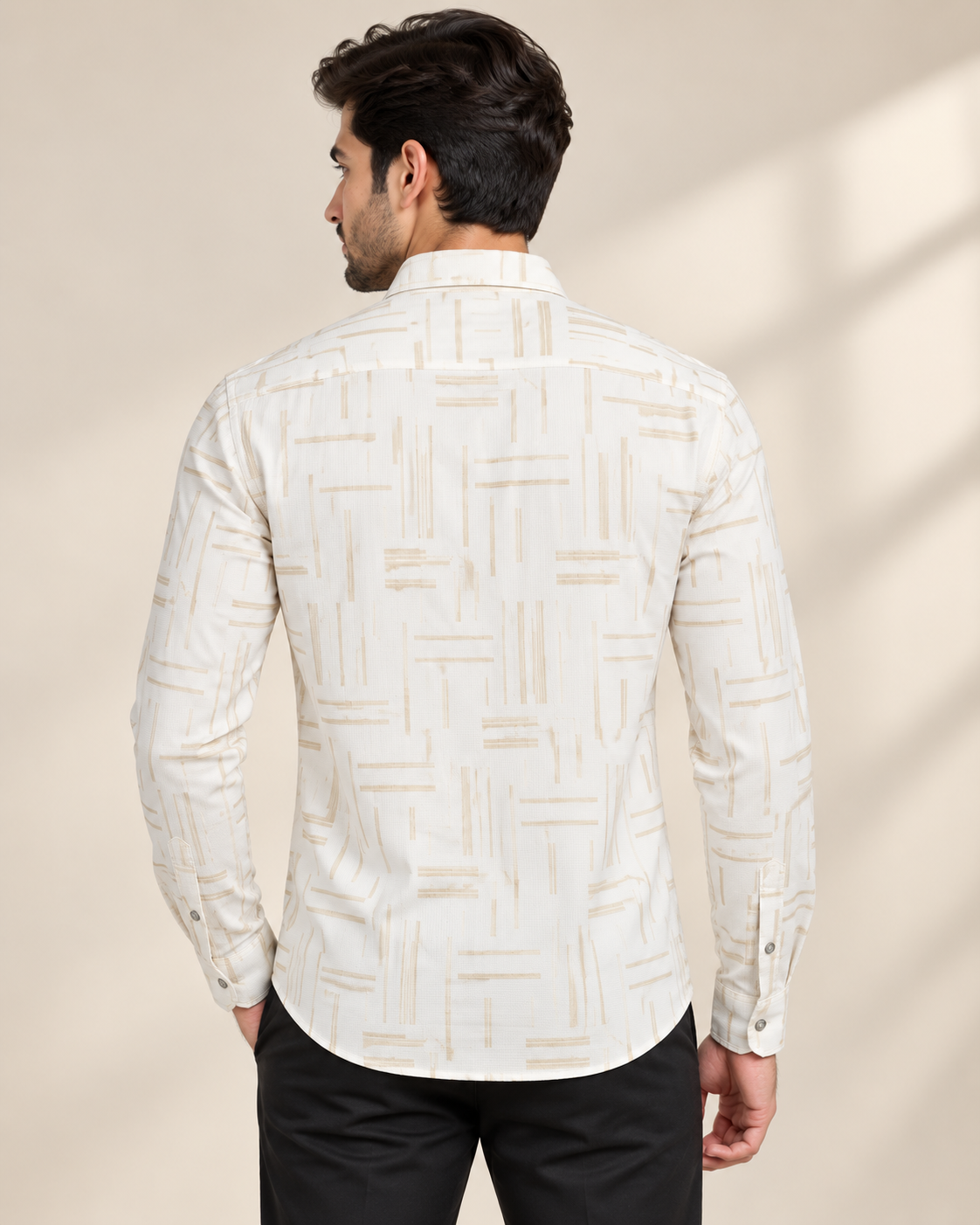 Men’s Off-White Beige Abstract Print Full Sleeve Shirt