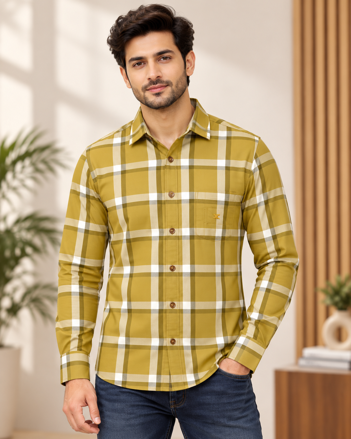 Men’s Mustard Yellow Check Full Sleeve Shirt