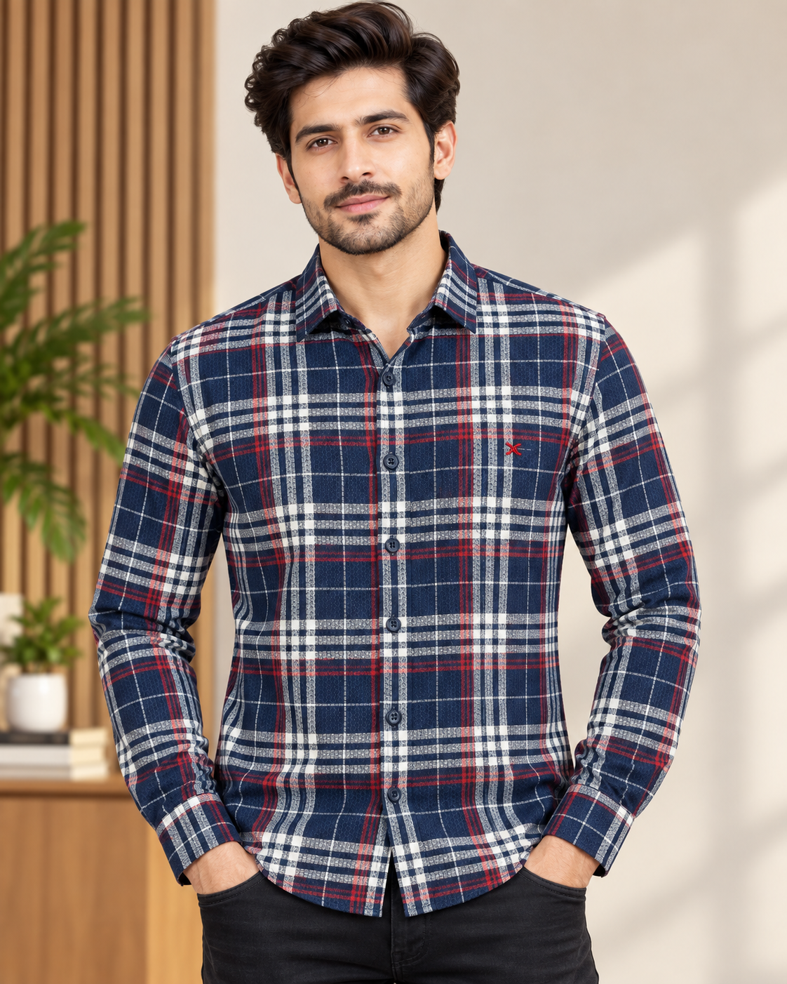 Men’s Navy Blue Red & White Check Full Sleeve Shirt