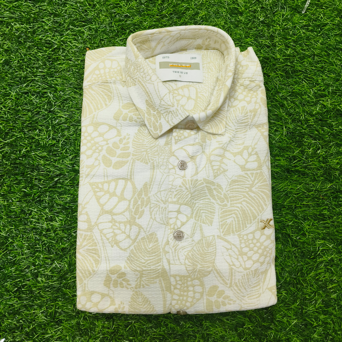 Men’s Off-White & Light Green Leaf Print Full Sleeve Shirt