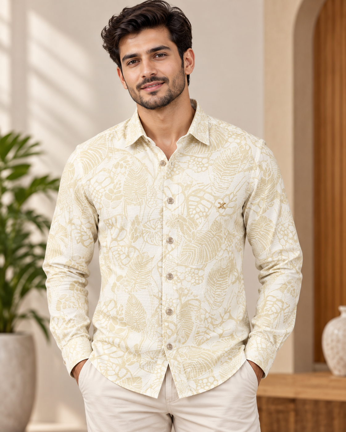Men’s Off-White & Light Green Leaf Print Full Sleeve Shirt