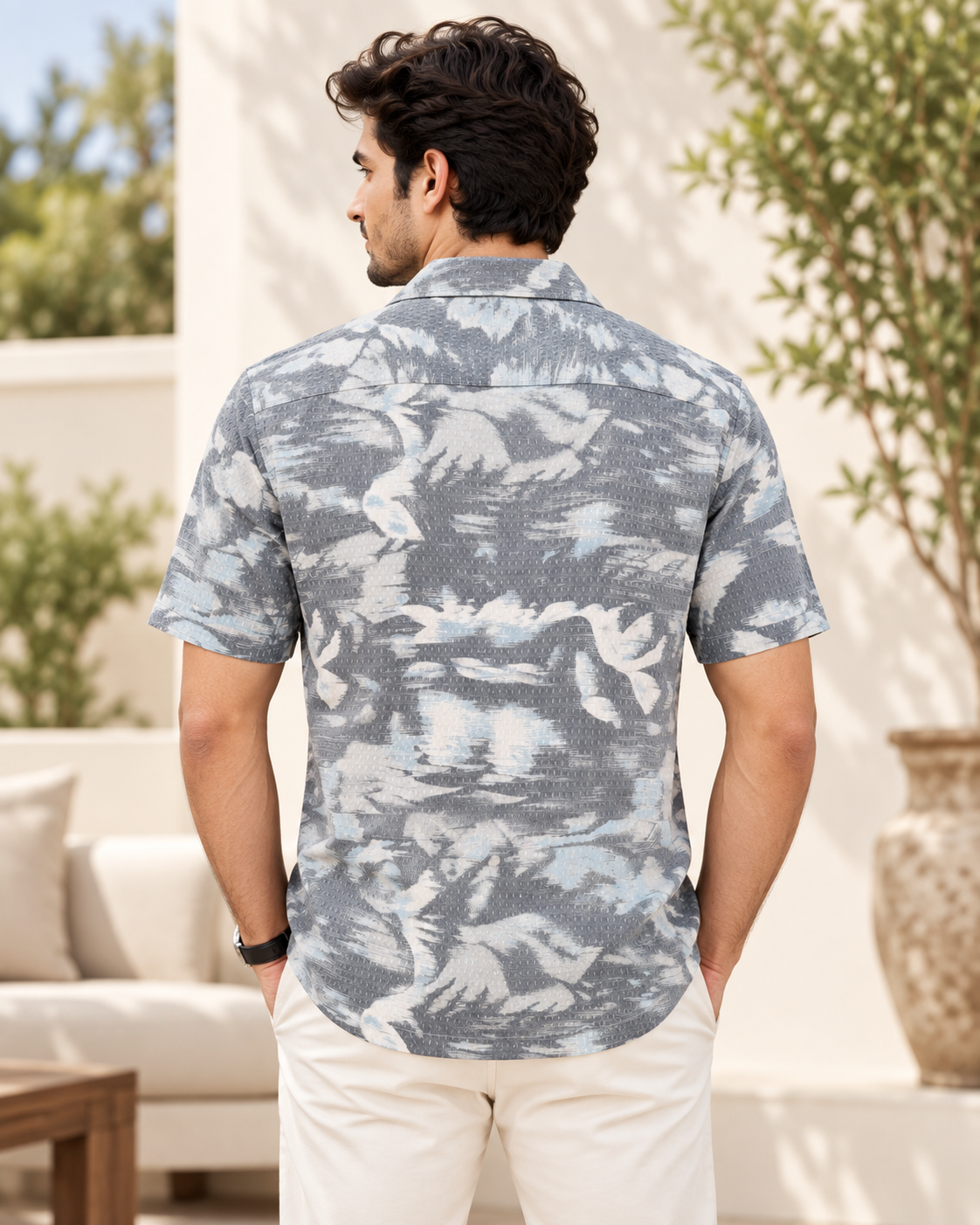 Men’s Grey & Light Blue Abstract Print Half Sleeve Shirt