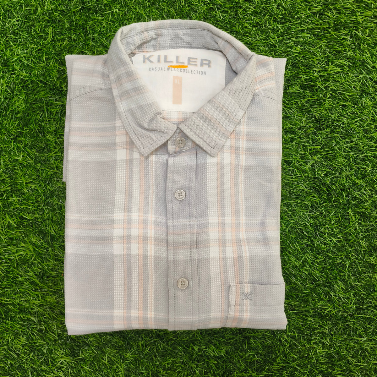 Men’s Light Grey & Peach Check Half Sleeve Shirt