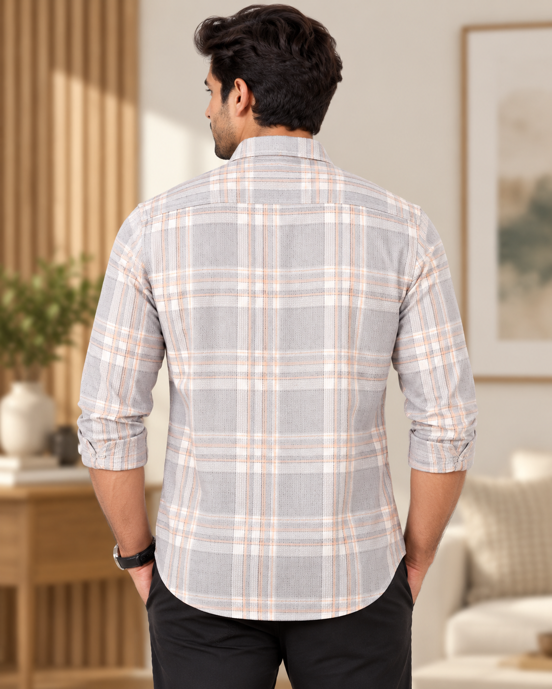 Men’s Light Grey & Peach Check Half Sleeve Shirt