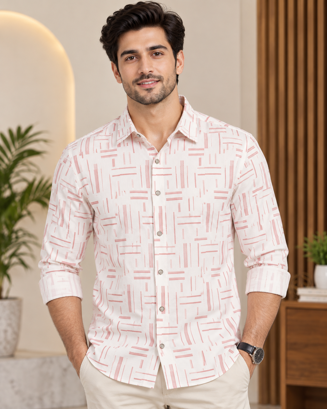 Men’s Off-White & Dusty Pink Abstract Print Half Sleeve Shirt
